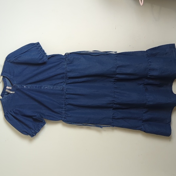 Cottagecore Denim Tiered Maxi Dress Drawing Tie Waist Women's Medium - Picture 10 of 11